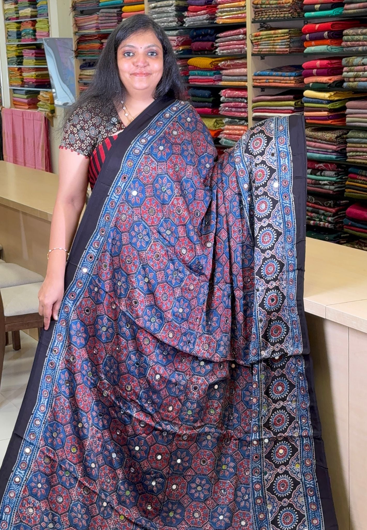Pure Modal Silk Saree-Original Mirror Work &Traditional Printed Motifs - Black with Sky Blue