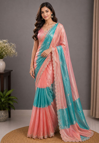 Mira Designer Saree-Pastel pink& Sky Blue Duo Tone Encrusted with Scalloped Stone Work