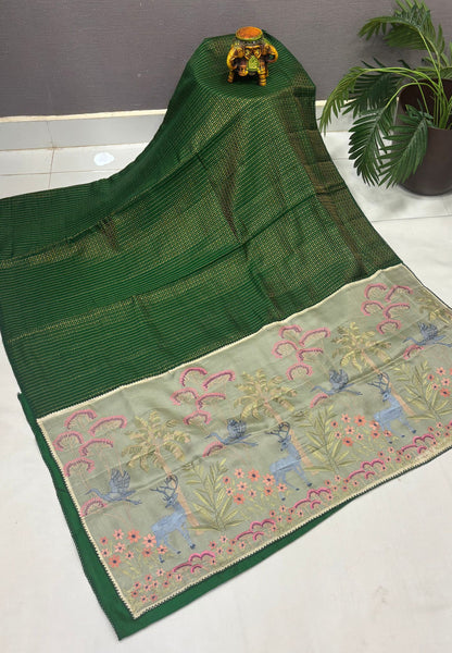 Soft Chiniya Silk Saree-Green in Thousand Butta Deer & Floral Border