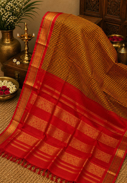 Pure Silk Cotton Saree-Mustard with Red Border