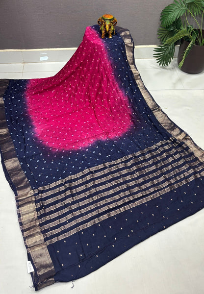 Banarasi Bandeji Saree-Rani Pink in Horizontal Stripe Zari with Contrast Border