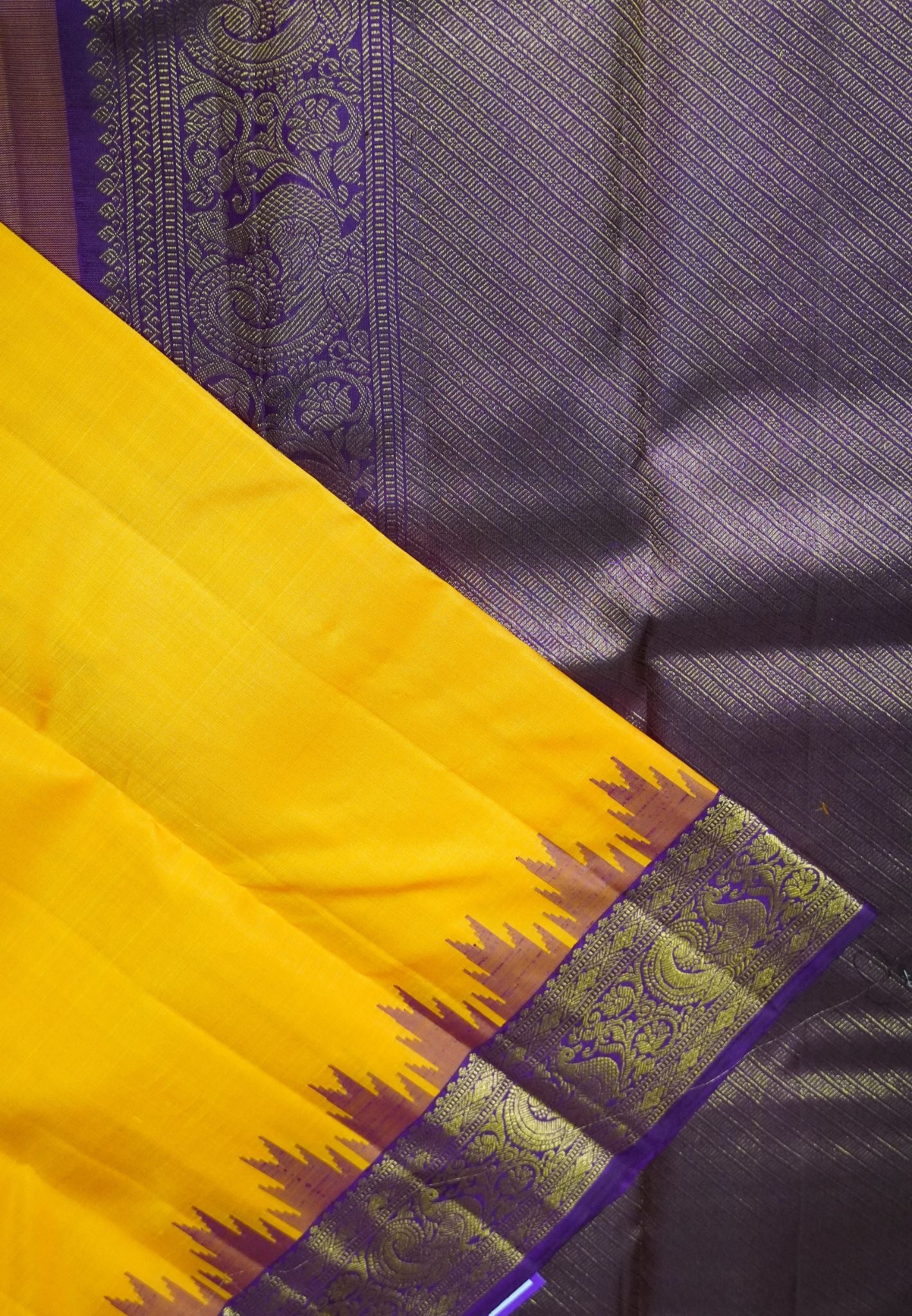 Pure Kanchipuram Silk -Mango Yellow-Wine