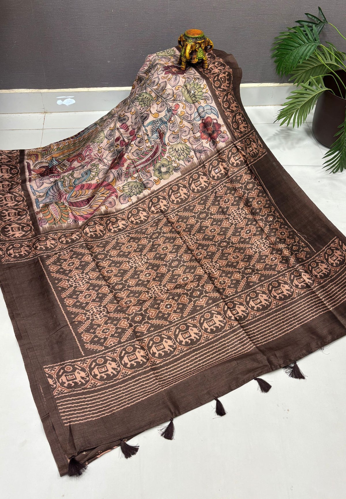 Pashmina Tussar Saree-Brown in Kalamkari Floral & Peacock Border