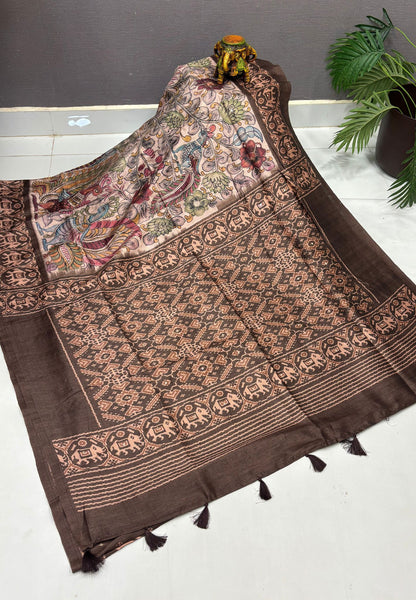 Pashmina Tussar Saree-Brown in Kalamkari Floral & Peacock Border