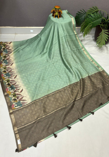 Chanderi Saree-Sea Green in Elephant Checks Border