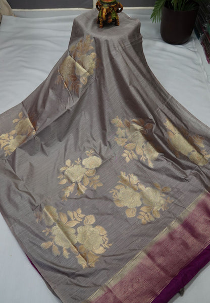 Semi Tussar Saree with Rose Floral Zari Weaving-Grey