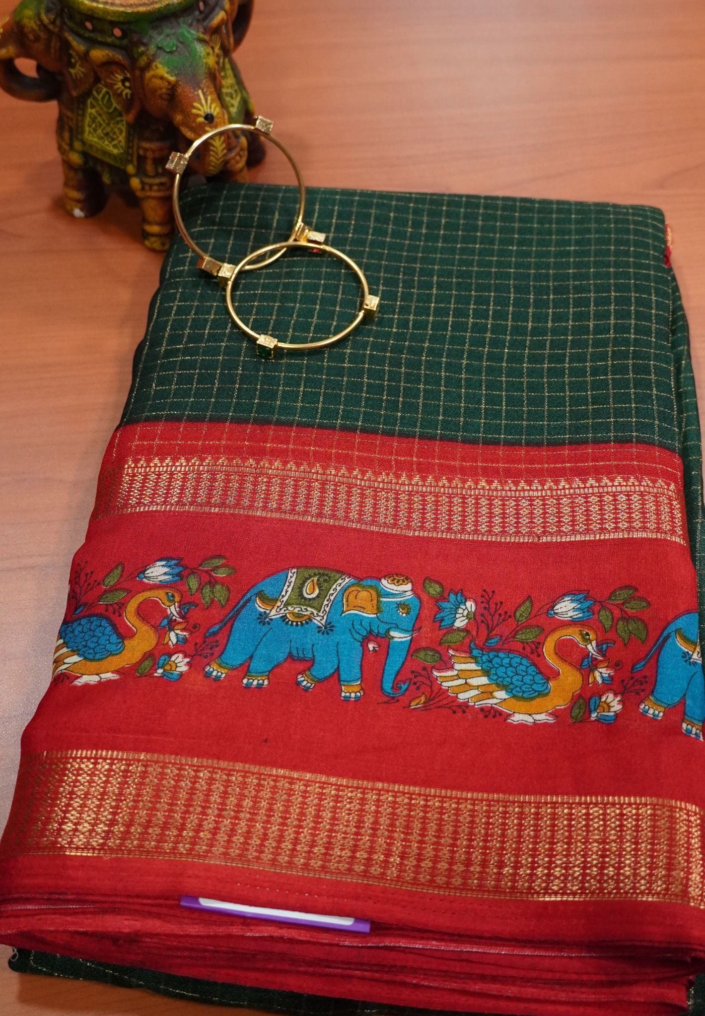 Chiffon Saree - Checks Dark Green - Red