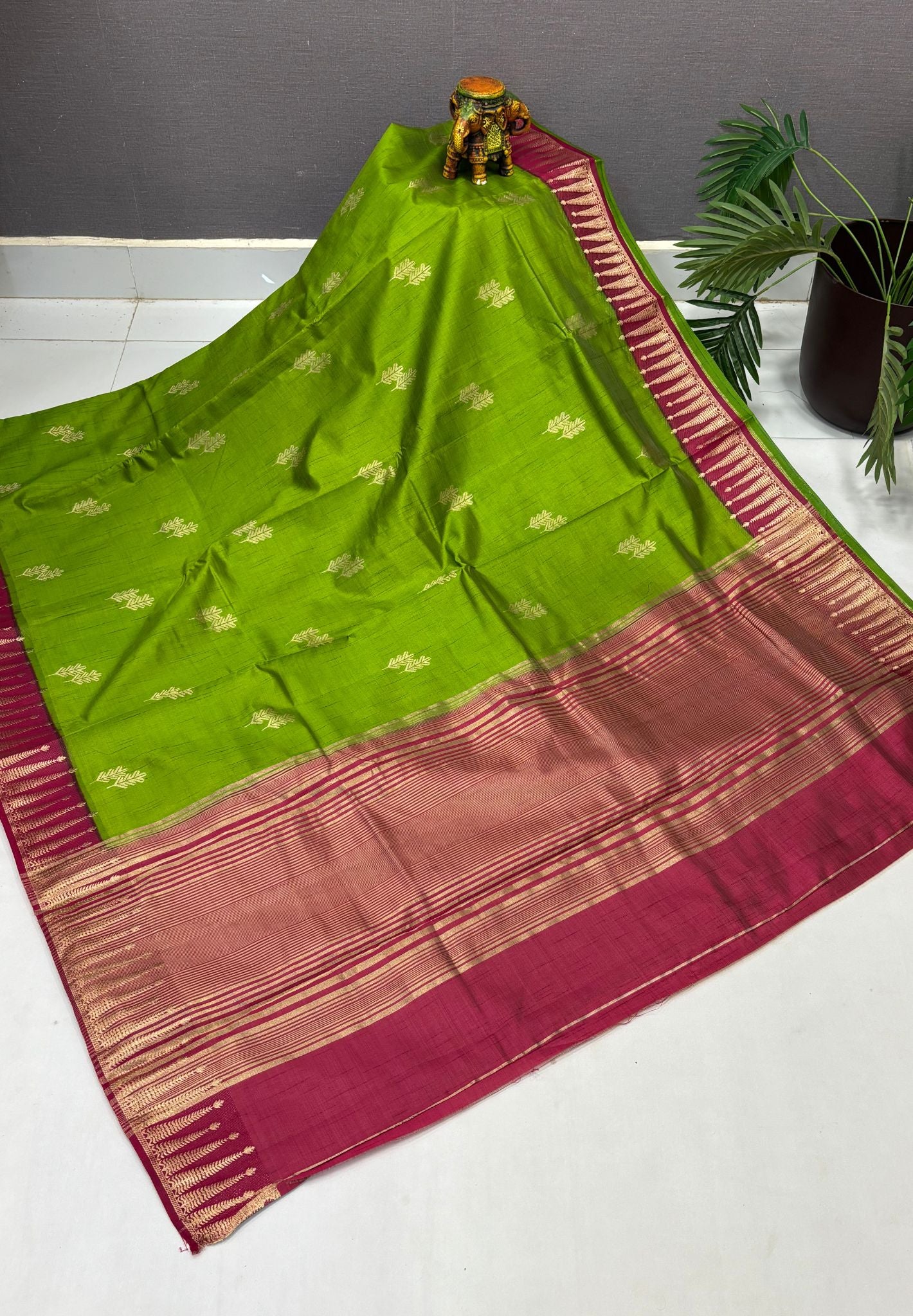 Semi Tussar Saree-Light Green in Traditional Striped Zari with Contrast Border