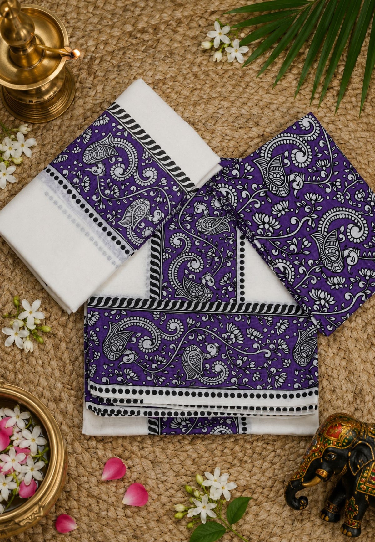 Cotton Set Mund-Off White - Purple with Kalamkari Border