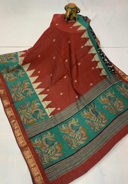 Malai Cotton Saree-Brick Red with Kalamkari Border