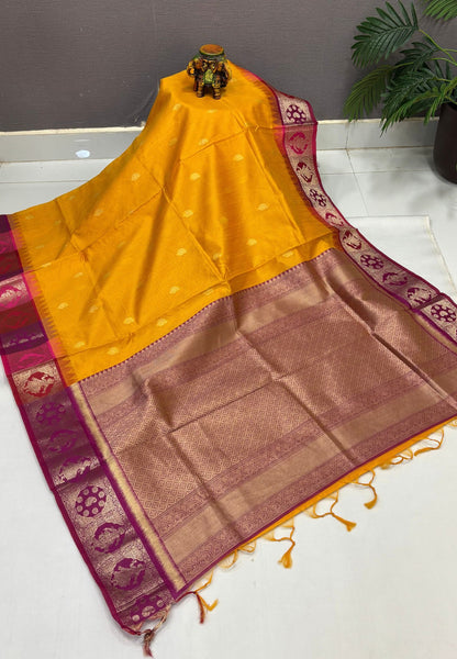 Raw Silk Saree-Mustard In Floral Medallion Brocade Border