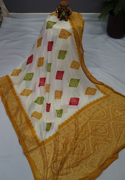 Chiffon Saree – Bandhani Inspired Print with Elegant Border - White & Mustrd
