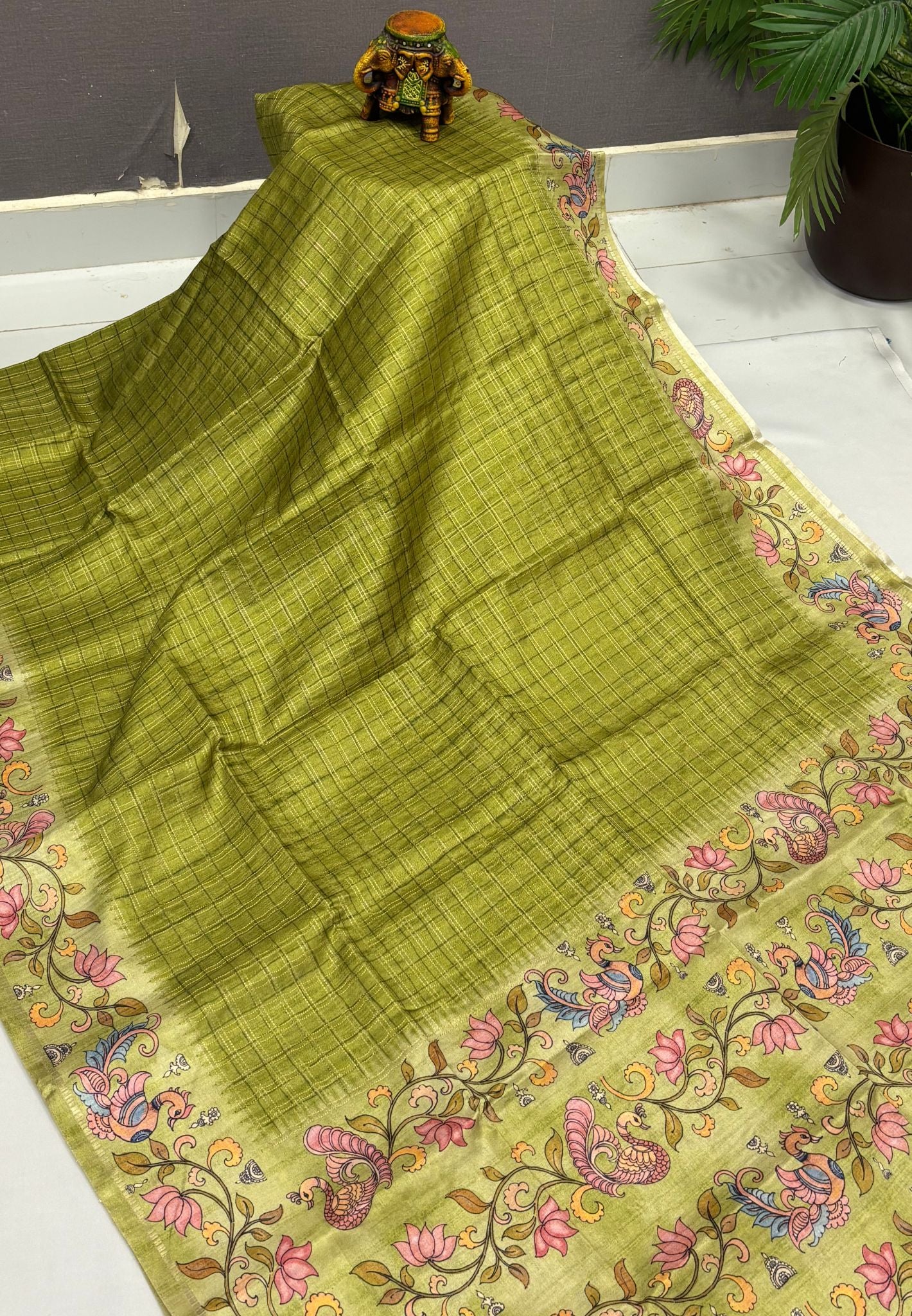 Matka Tussar Saree-Lime Green with Kalamkari Border