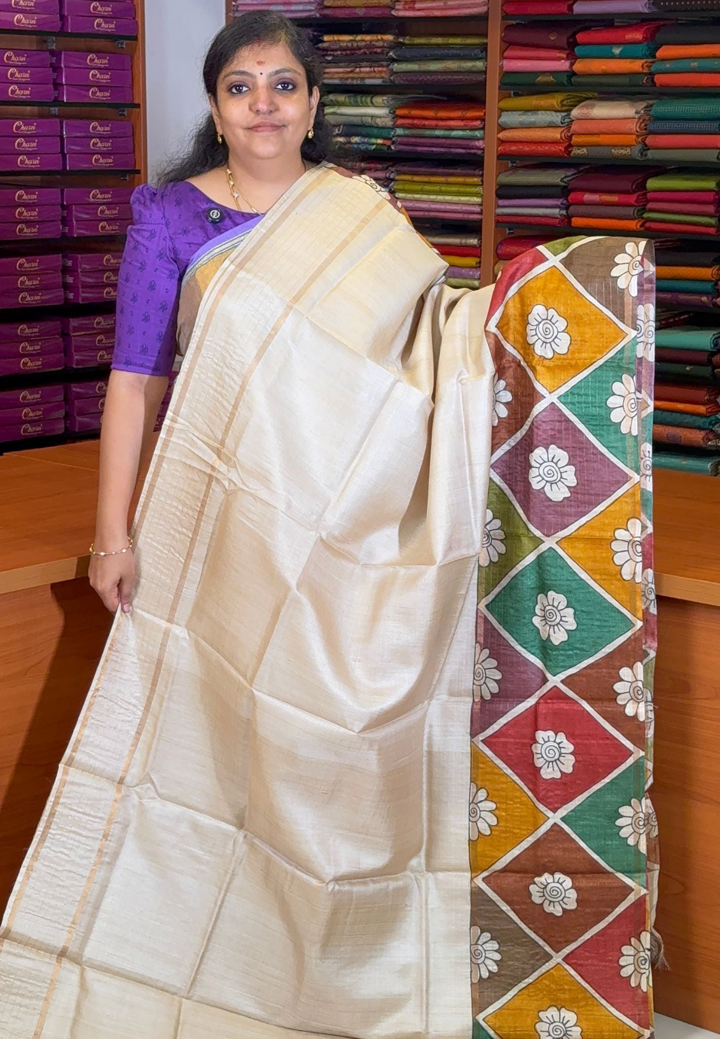 Pure Tussar Saree-Sandal with Multicolour Diamond Floral Border