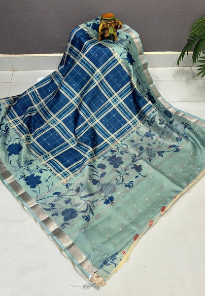 Soft Tussar Saree-Blue In Hibiscus Floral Border