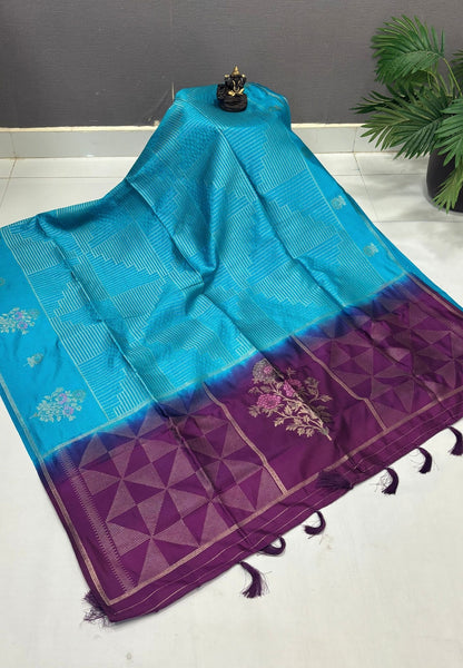 Mulberry Silk Saree-Sky Blue In Diamond Geometric Zari With Contarst Border