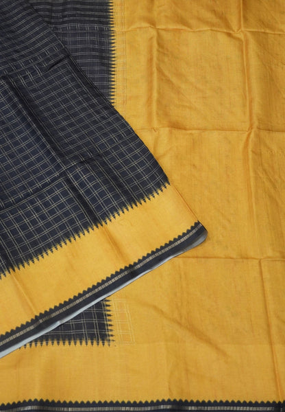 Semi Matka Tussar Saree-Black with Contrast Border and Zari Checks