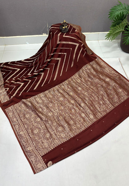 Chinon Silk Saree-Brown with Antique Floral Border