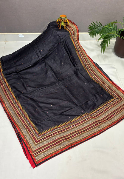 Pure Jute Silk Saree-Black In Tower Embroidery Border