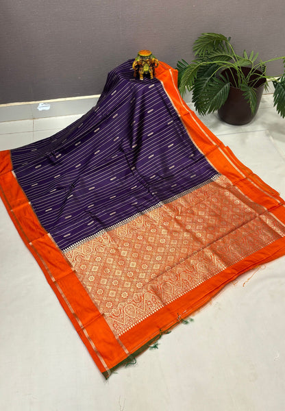 Gaji Silk Saree-Purple in Intricate Geometric Floral Zari with Contrast Border