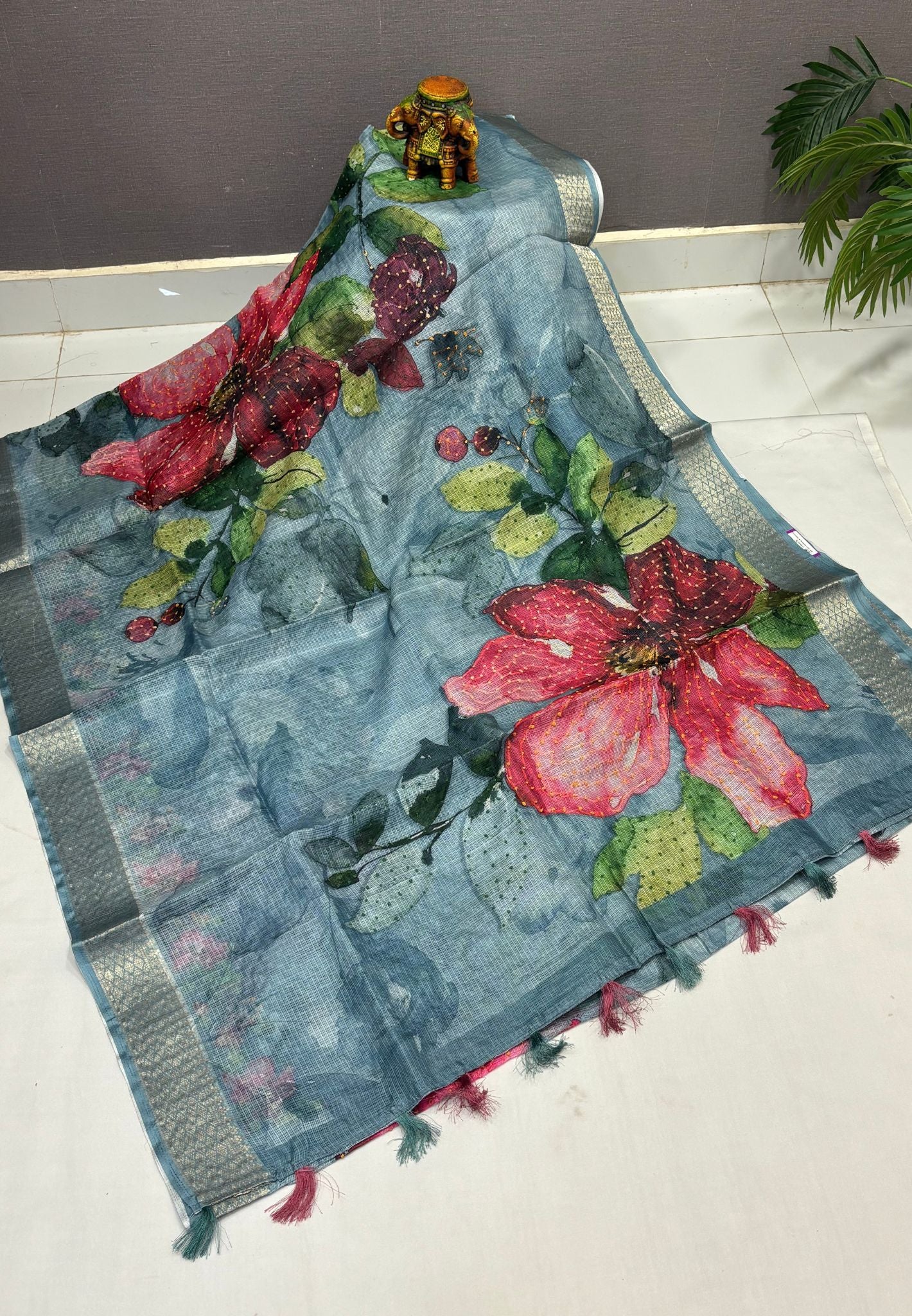 Kota Saree-Water Blue In French Knot Floral Border