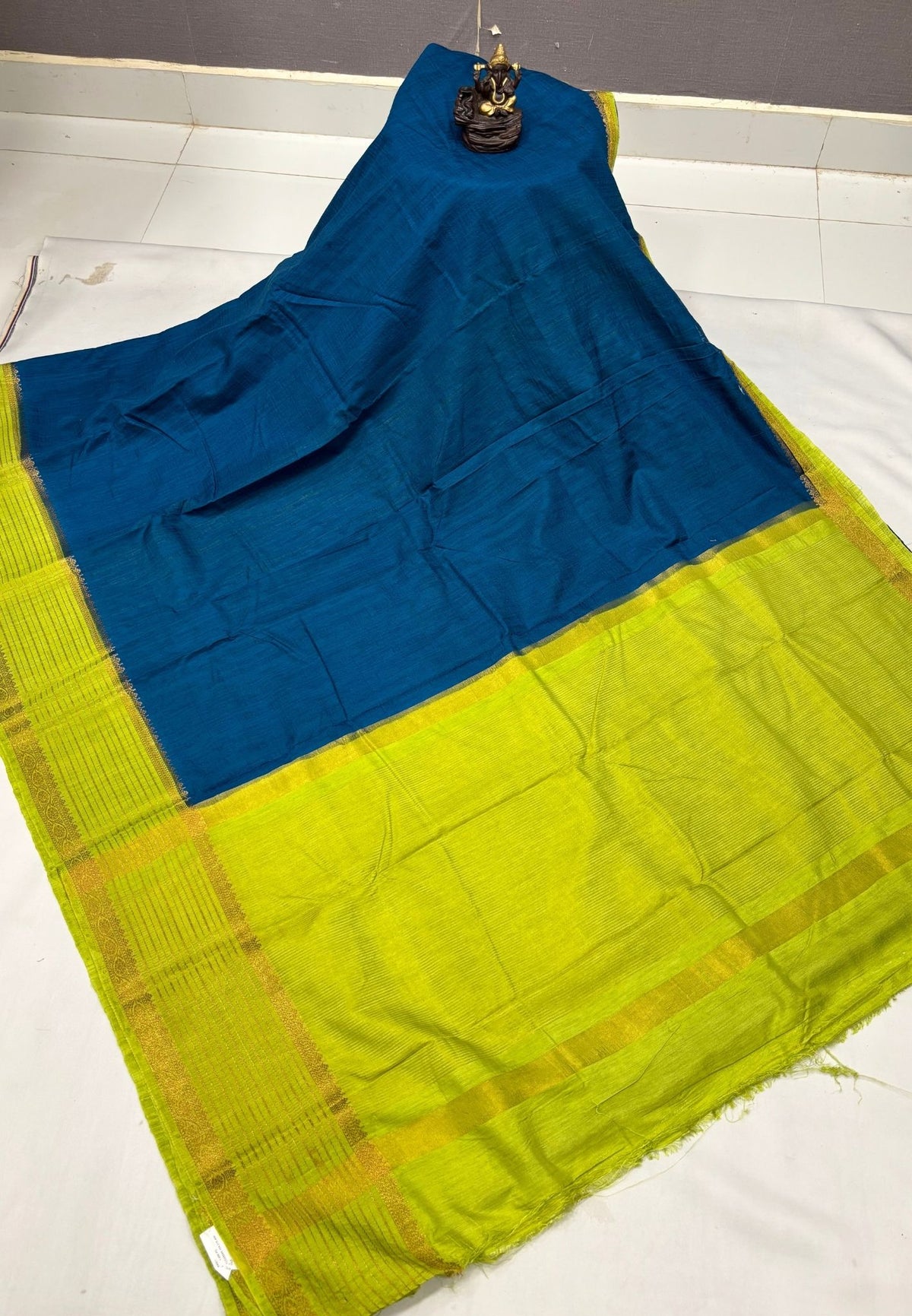 Raw Silk Saree-Peacock Blue With Contrast Border