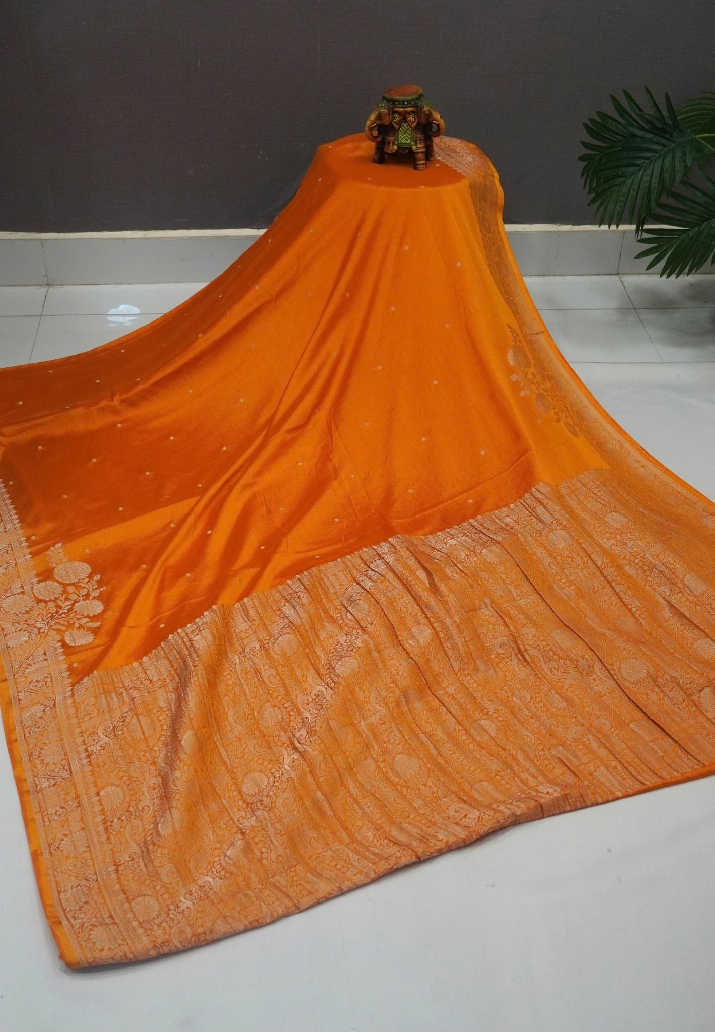 Chinon Silk Saree-Mango Yellow with Antique Floral Border