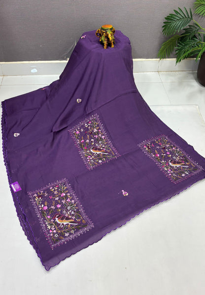 Muslin Saree-Violet In Parrot Motif Border