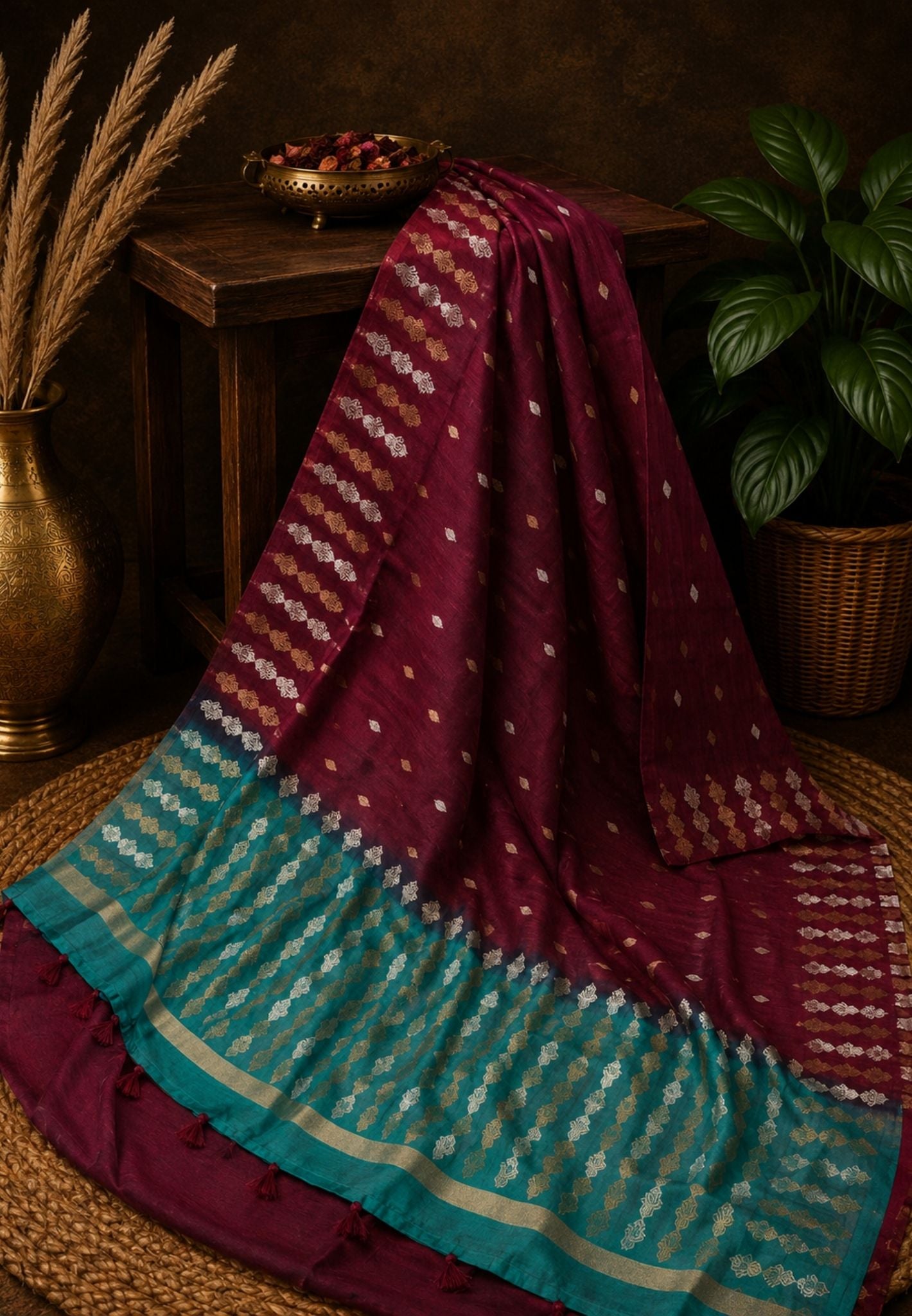 Semi  Tussar Saree - Wine