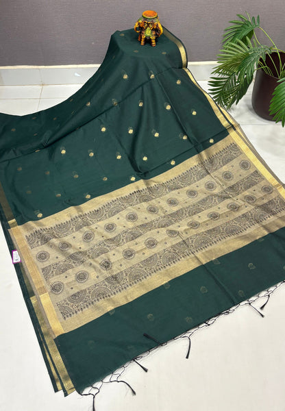 Handloom Cotton Saree-Green in Mini Chakra Zari Border