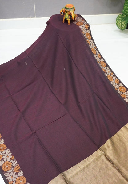 Handloom Cotton Saree-Coffe Brown Marigold Floral Jamdhani Border
