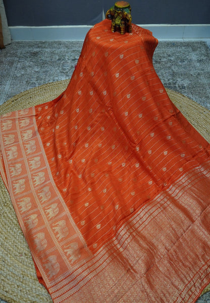 Satin Tussar Saree-Orange with Checked Elephant Border