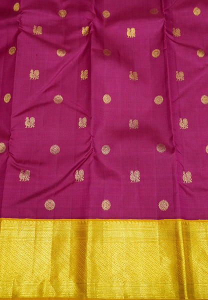 Pure Kanchipuram Silk Saree - Dark Pink with Gold Zari Peacock Buta