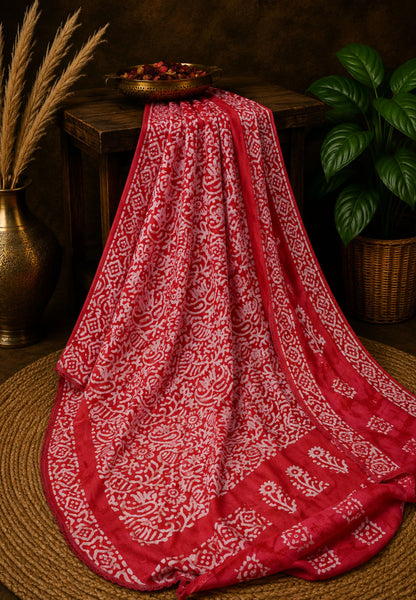 Batik Tussar Saree-Red with Batik Print