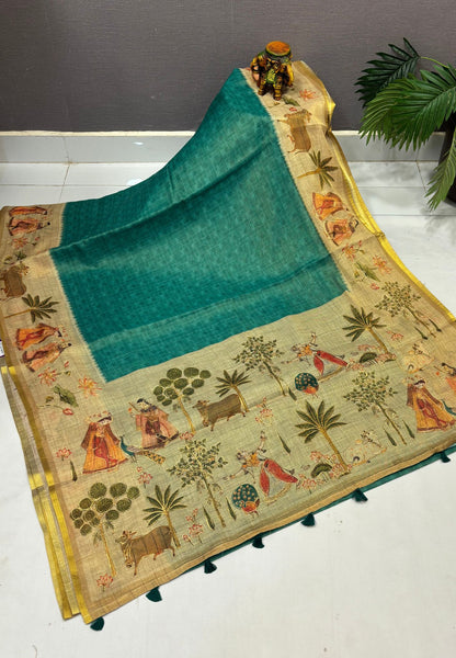 Tissue Linen Saree-Sea Green in Traditional Tribal Art Printed Border