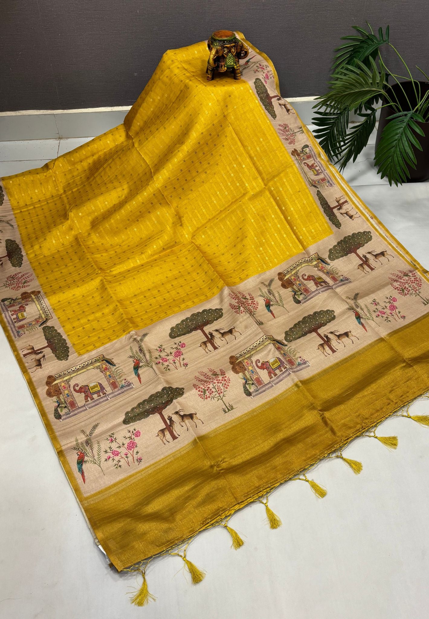 Semi Tussar Saree-Yellow in Vanam Kalamkari Border