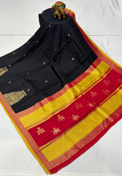 Art Mysore Silk Saree-Black with Rajagopuram Zari Border