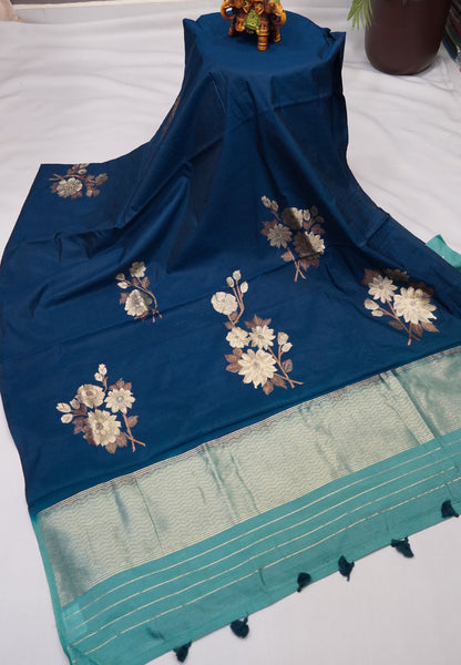 Semi Tussar Saree with Floral Zari Motifs - Peacock Blue