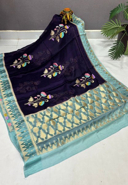 Silk Kota Saree-Dark Purple in Traditional Ikat-Inspired Zari Border