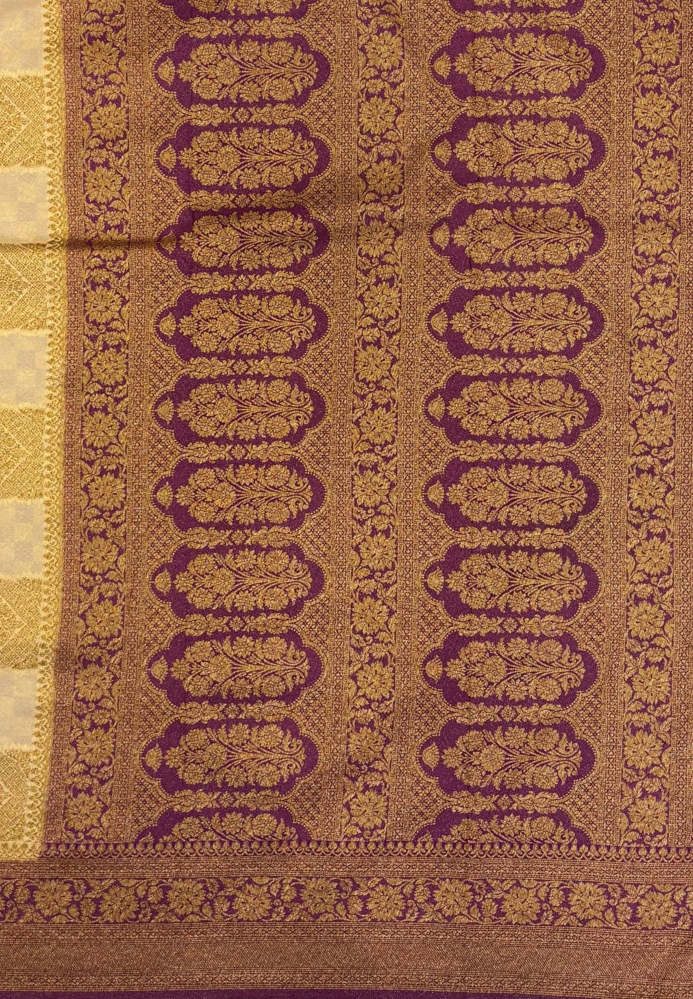 Banarasi Crepe Saree-Sandal In Square Check Brocade With Contrast Border