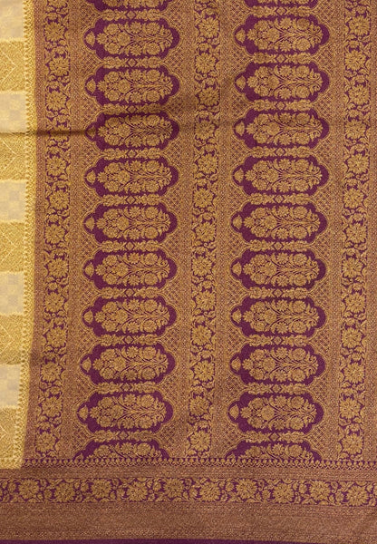 Banarasi Crepe Saree-Sandal In Square Check Brocade With Contrast Border