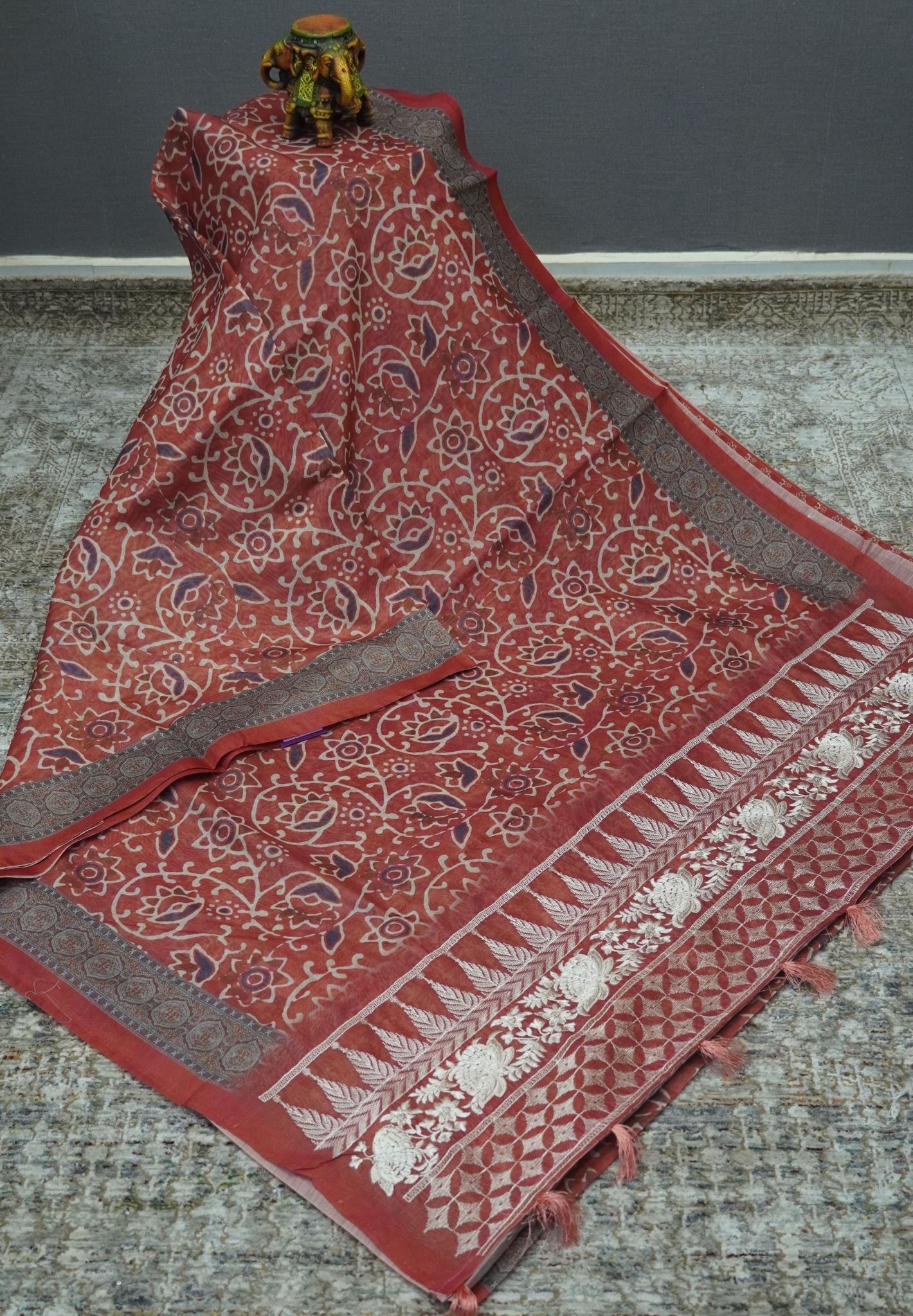 Semi Chanderi Saree-Orange with Floral Pattern