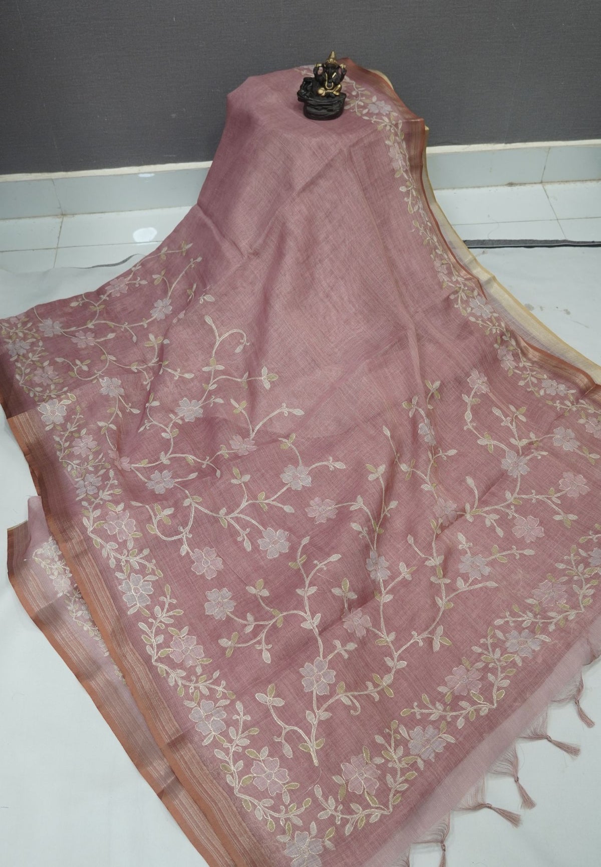 Tissue Linen Saree - Pastel Pink With Floral Embroidery