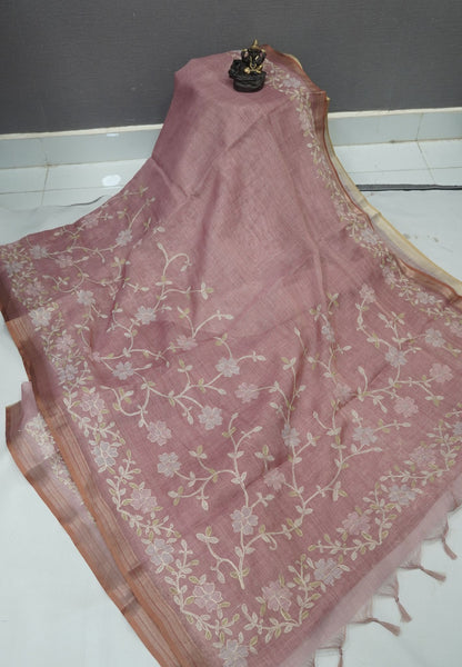 Tissue Linen Saree - Pastel Pink With Floral Embroidery