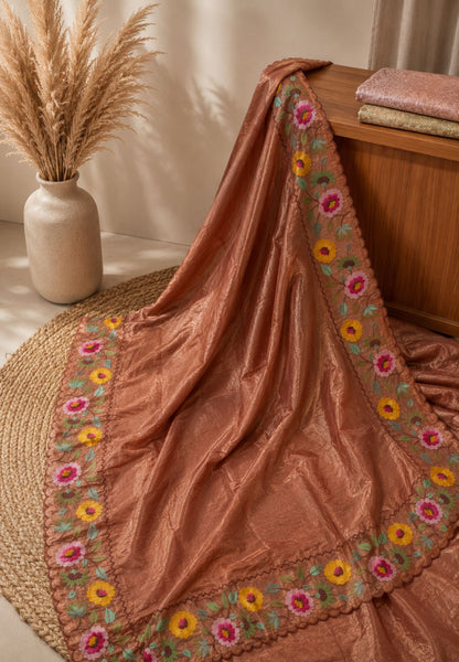 Organza Saree -Light Brown with Floral Border
