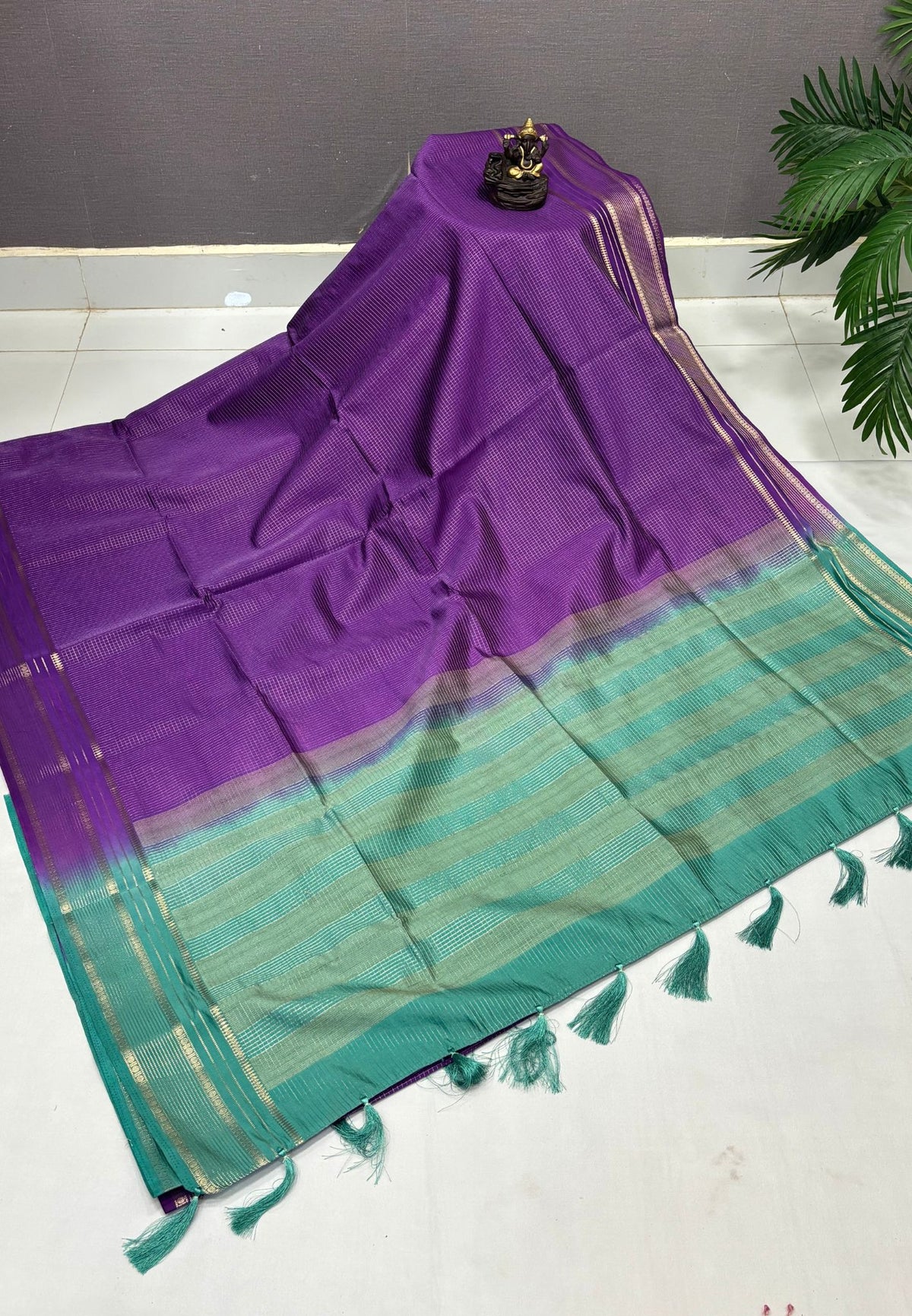 Mulberry Silk Saree-Purple In Striped Zari With Contrast Border