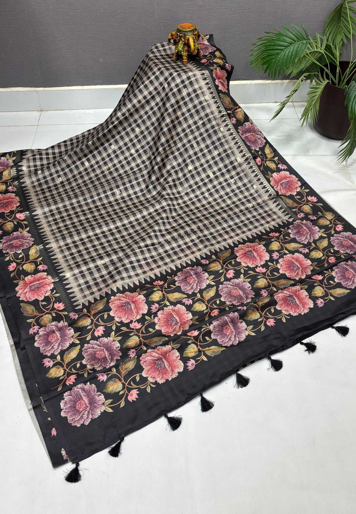 Soft Tussar Saree-Black in Floral Garden Border