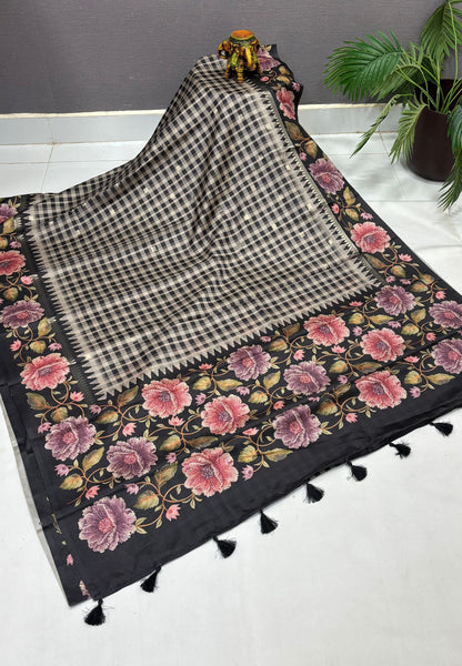Soft Tussar Saree-Black in Floral Garden Border