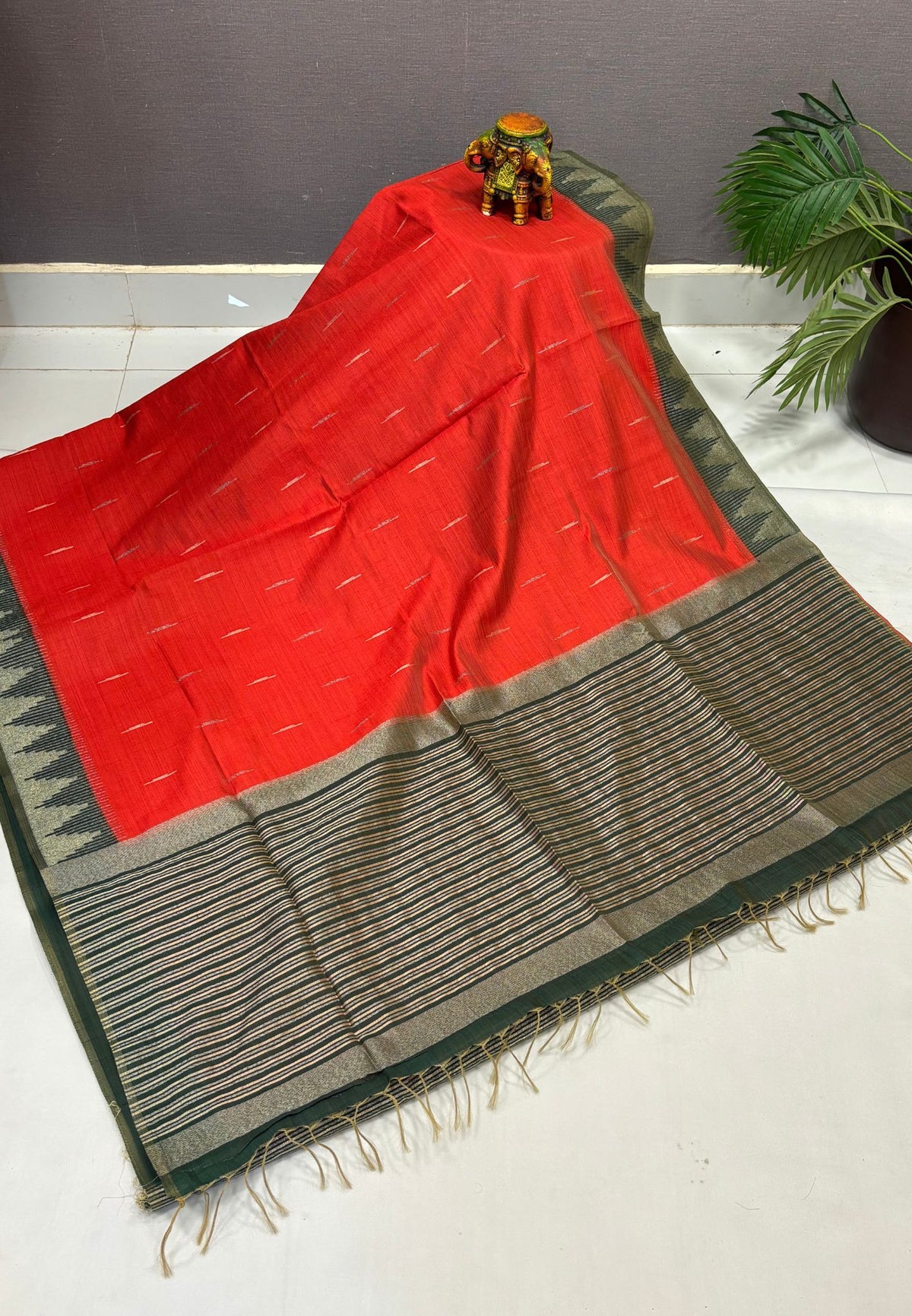 Semi Tussar Saree-Orange in Tower Pattern Border