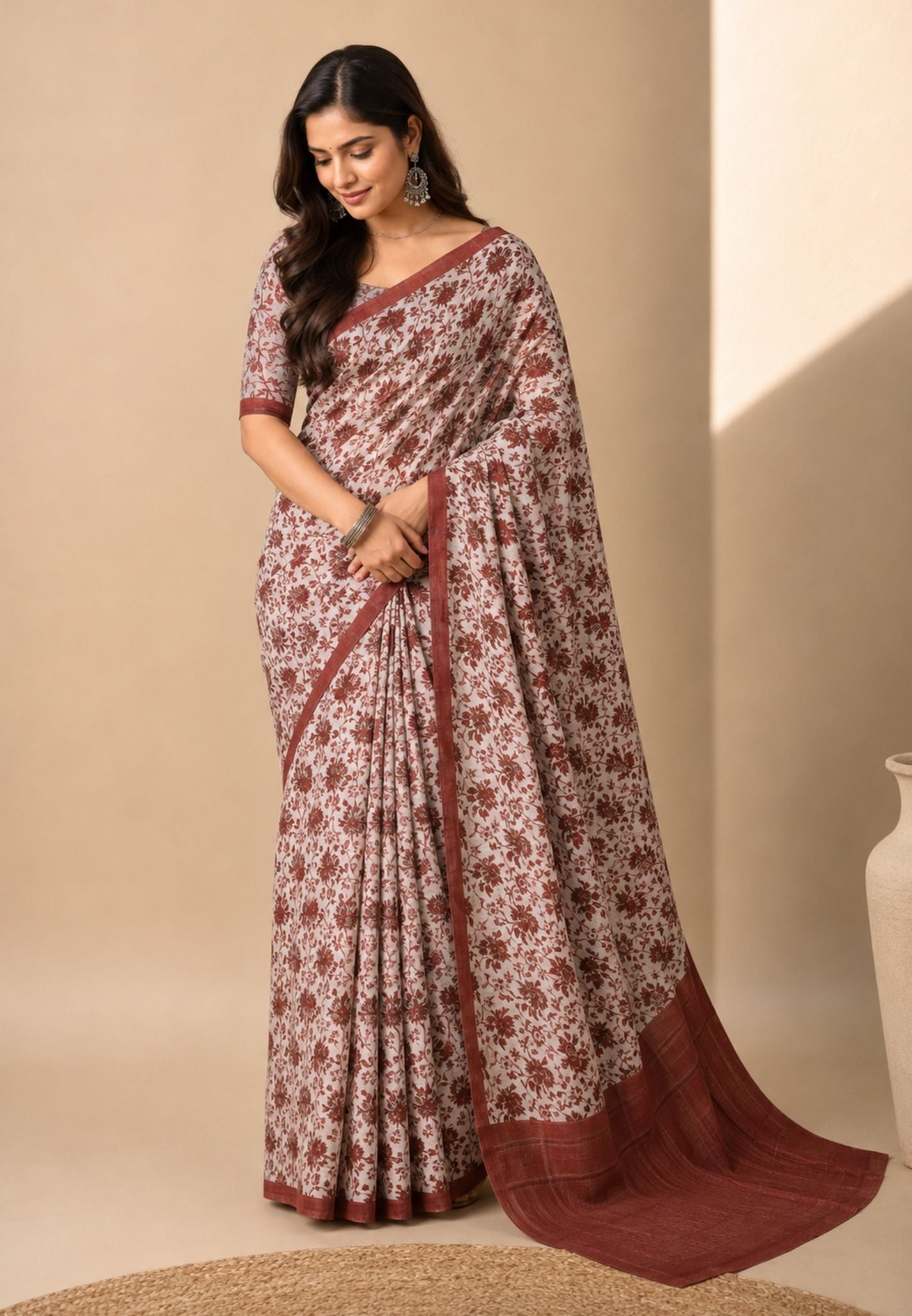 Pure Tussar Saree-Sandal in Floral Pattern